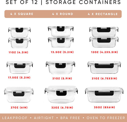 24Pc Borosilicate Glass Storage Containers with Lids | 12 Airtight/Freezer Safe Food Storage Containers for Pantry and Kitchen | Meal Prep Container for Lunch | Glass Tupperware Set