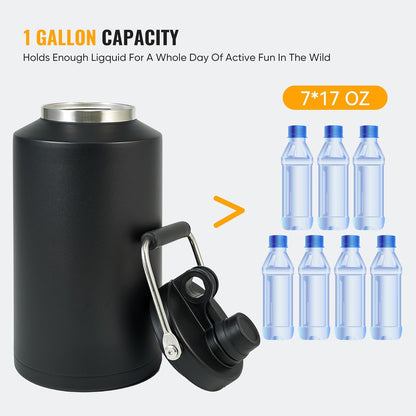 Insulated Gallon Jug with Handle, One Gallon, 128Oz Stainless Steel, Large Double Vacuum Water Bottle for Hot & Cold Drinks, Wide Mouth, Sweat Proof, Great for Travel, Camping, Black