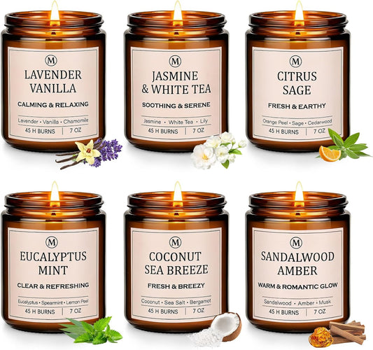6-Pack Scented Soy Candle Set – Lavender Vanilla, Eucalyptus, Sandalwood, Jasmine & White Tea, Coconut, Sage | Natural Long Lasting Aromatherapy Candles for Home, Relaxation & Birthday Gifts