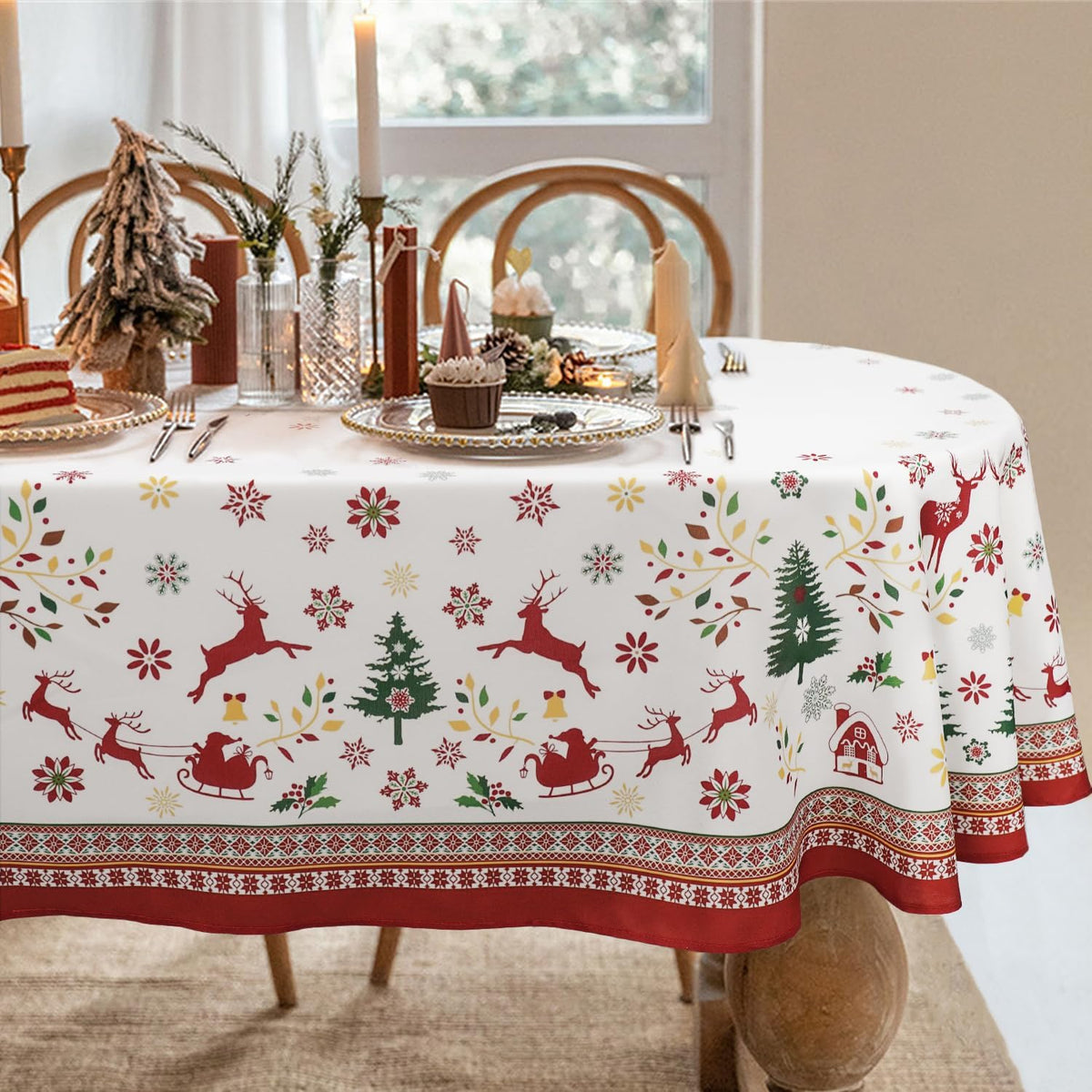 Oval Christmas Tablecloth Oval Xmas Table Cloth for Dining Table, Waterproof & Spill-Proof,Xmas Decorations for Kitchen, Parties, 54 X 72 Inches