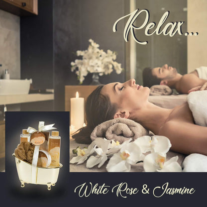 White Rose and Jasmine Bath and Body Gift Set in Decorative Tub, Luxury Spa Shower and Bath Gift for Women Valentines Gift
