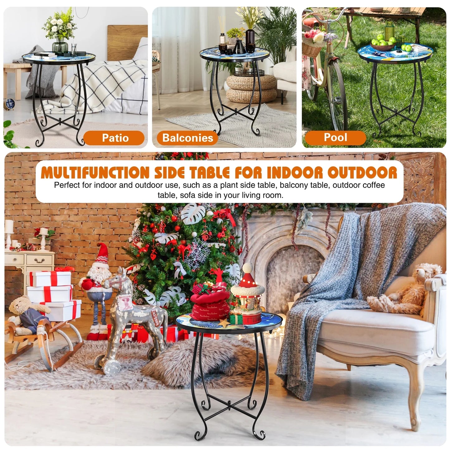 2 Pack Outdoor Mosaic Side Table, 17 Inch High Small Patio Outdoor Table, Indoor Folding round Side Table for Bistro Balcony Garden