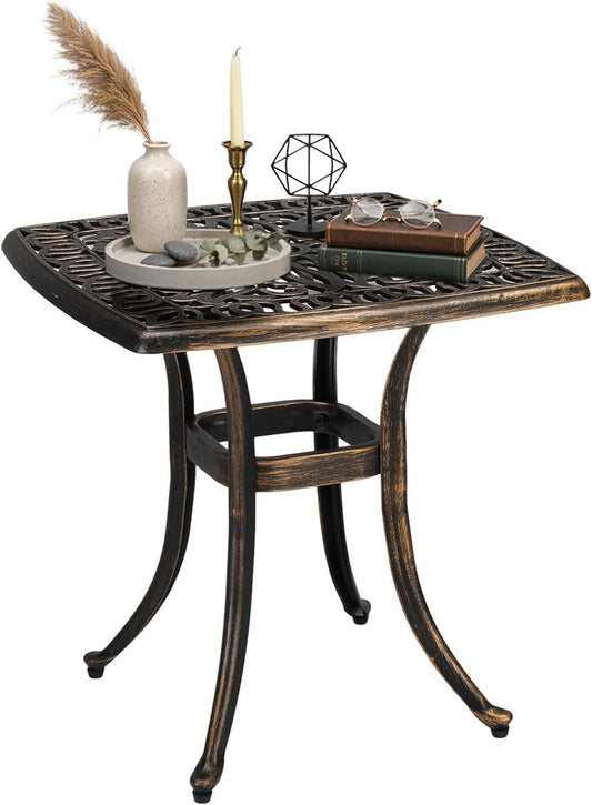 21” Outdoor Side Table, Cast Aluminum All-Weather Patio Side Table Small Outdoor Table Bistro Table for Outside, Porch, Balcony, Patio, Bronze