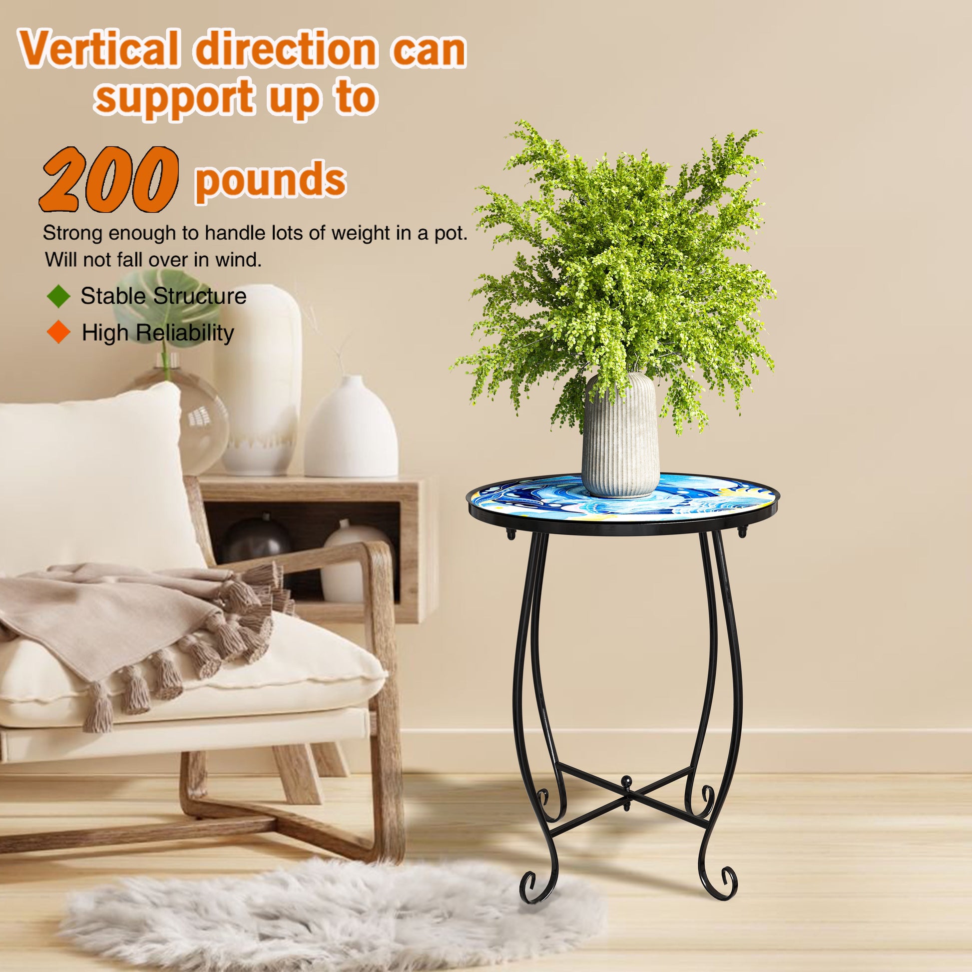 2 Pack Outdoor Mosaic Side Table, 17 Inch High Small Patio Outdoor Table, Indoor Folding round Side Table for Bistro Balcony Garden
