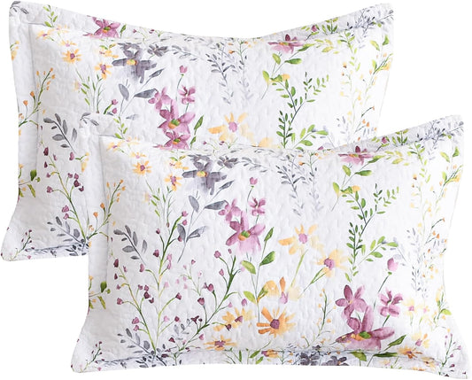 Luxurious Cotton Quilted Pillow Shams Set - Botanical & Wild Floral Pattern King Pillow Cases (Set of 2) for Cozy Bedroom Decor