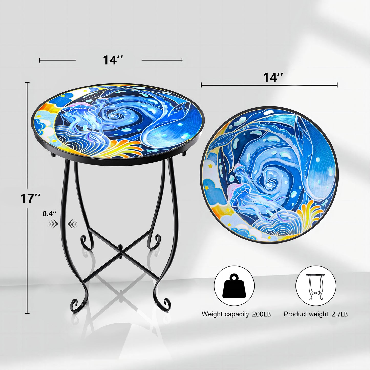 2 Pack Outdoor Mosaic Side Table, 17 Inch High Small Patio Outdoor Table, Indoor Folding round Side Table for Bistro Balcony Garden