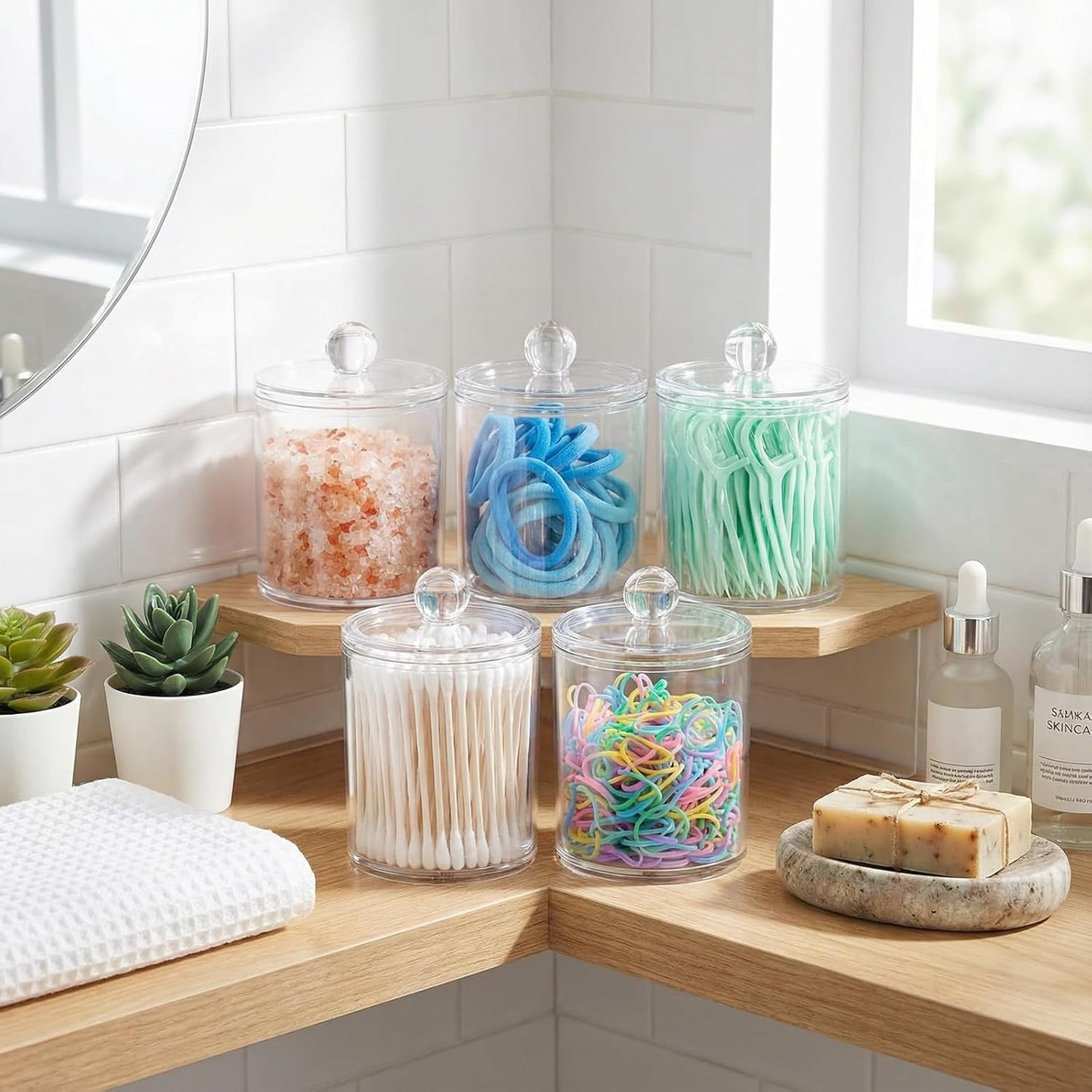 6 Pack Acrylic Qtip Holder with Labels, Qtip Jars for Bathroom | (3) 10Oz & (3) 12Oz Qtip Holder Set Shatterproof Bathroom Vanity Organizer for Cotton Swabs, Balls, Pads - Minimalist Decor
