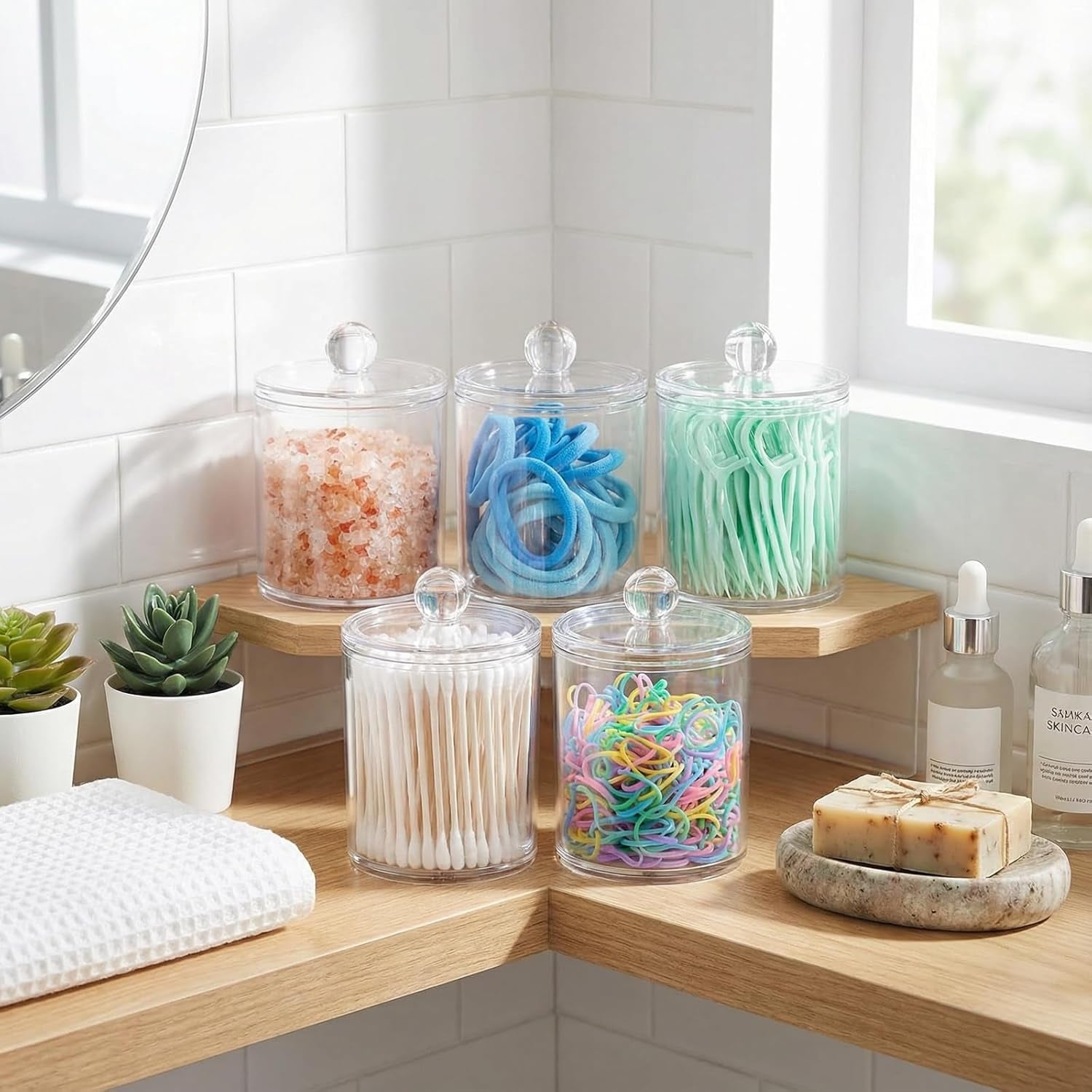 6 Pack Acrylic Qtip Holder with Labels, Qtip Jars for Bathroom | (3) 10Oz & (3) 12Oz Qtip Holder Set Shatterproof Bathroom Vanity Organizer for Cotton Swabs, Balls, Pads - Minimalist Decor