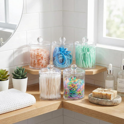 6 Pack Acrylic Qtip Holder with Labels, Qtip Jars for Bathroom | (3) 10Oz & (3) 12Oz Qtip Holder Set Shatterproof Bathroom Vanity Organizer for Cotton Swabs, Balls, Pads - Minimalist Decor