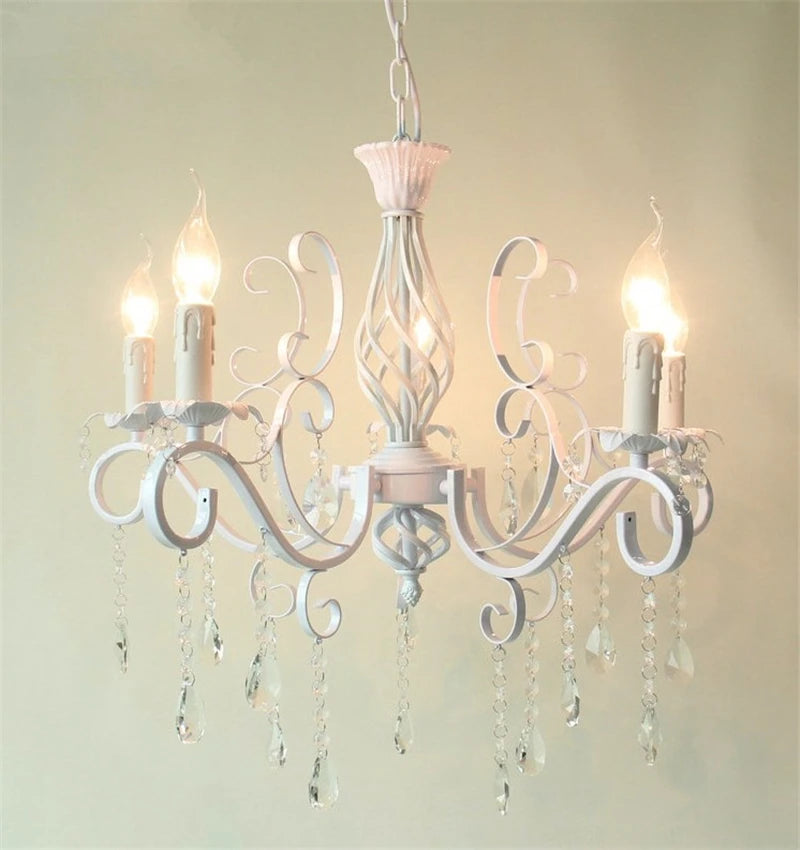 Home Vintage Wrought Iron Crystal Chandelier White Ceiling Lamp E14 Candle Lights Lighting Fixture