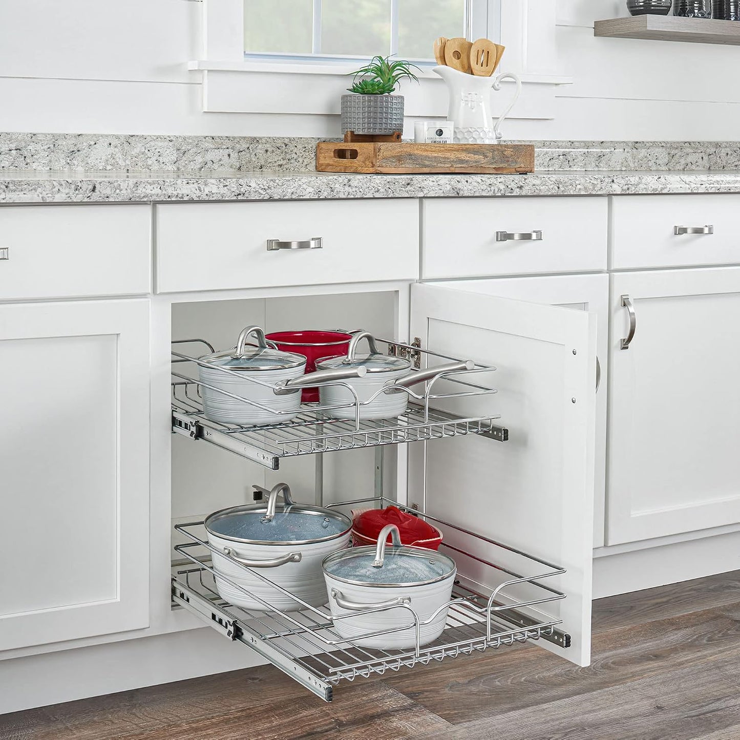 2-Tier Pullout Shelf and Drawer Organizer for Kitchen Cabinets, Slide Out Storage Basket, Min Opening Width of 17.5", 18" X 22", 5WB2-1822CR-1