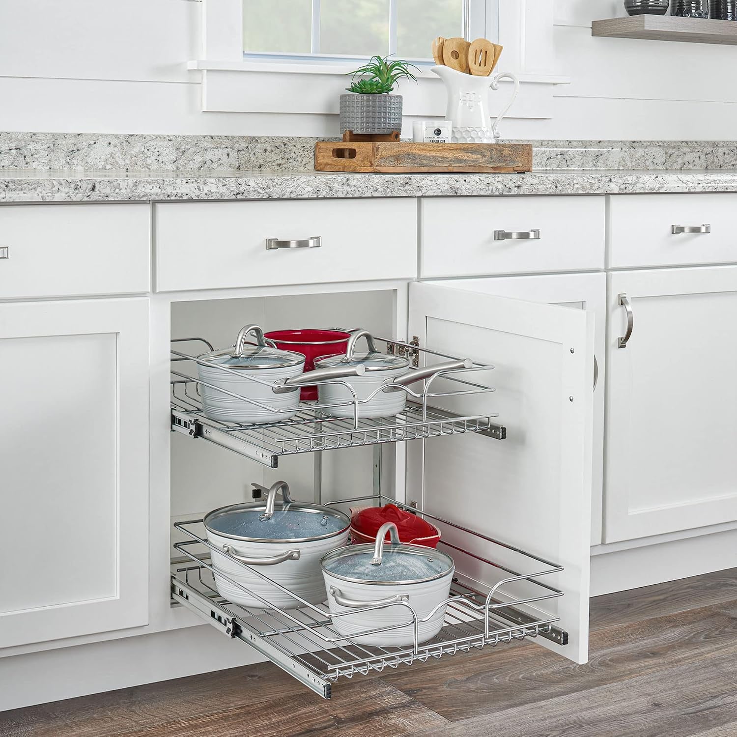 2-Tier Pullout Shelf and Drawer Organizer for Kitchen Cabinets, Slide Out Storage Basket, Min Opening Width of 17.5", 18" X 22", 5WB2-1822CR-1