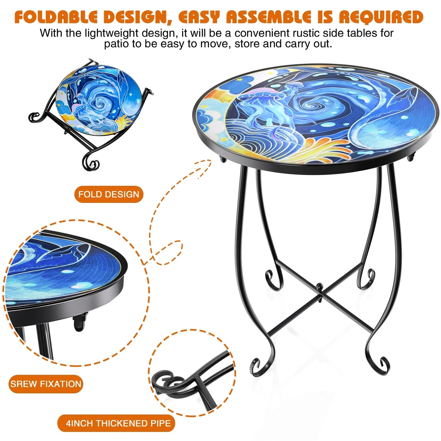 2 Pack Outdoor Mosaic Side Table, 17 Inch High Small Patio Outdoor Table, Indoor Folding round Side Table for Bistro Balcony Garden