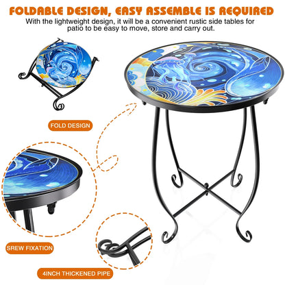 2 Pack Outdoor Mosaic Side Table, 17 Inch High Small Patio Outdoor Table, Indoor Folding round Side Table for Bistro Balcony Garden