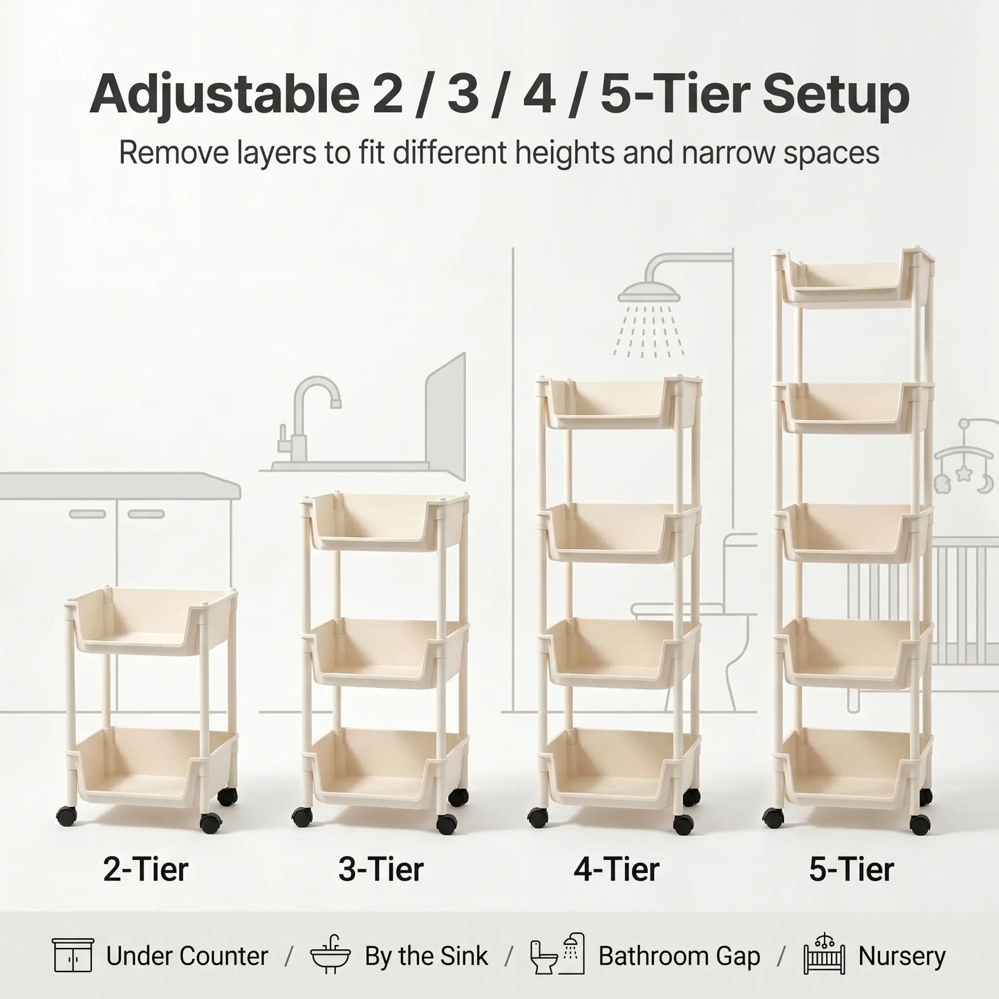 Rolling Storage Cart with Wheels, Multi-Layer Freestanding Shelf, Adjustable Space Saving Plastic Organizer for Bedroom Bathroom Kitchen Living Room, Portable Home Storage Unit, Easy Install, 2026 Semiannual Sale