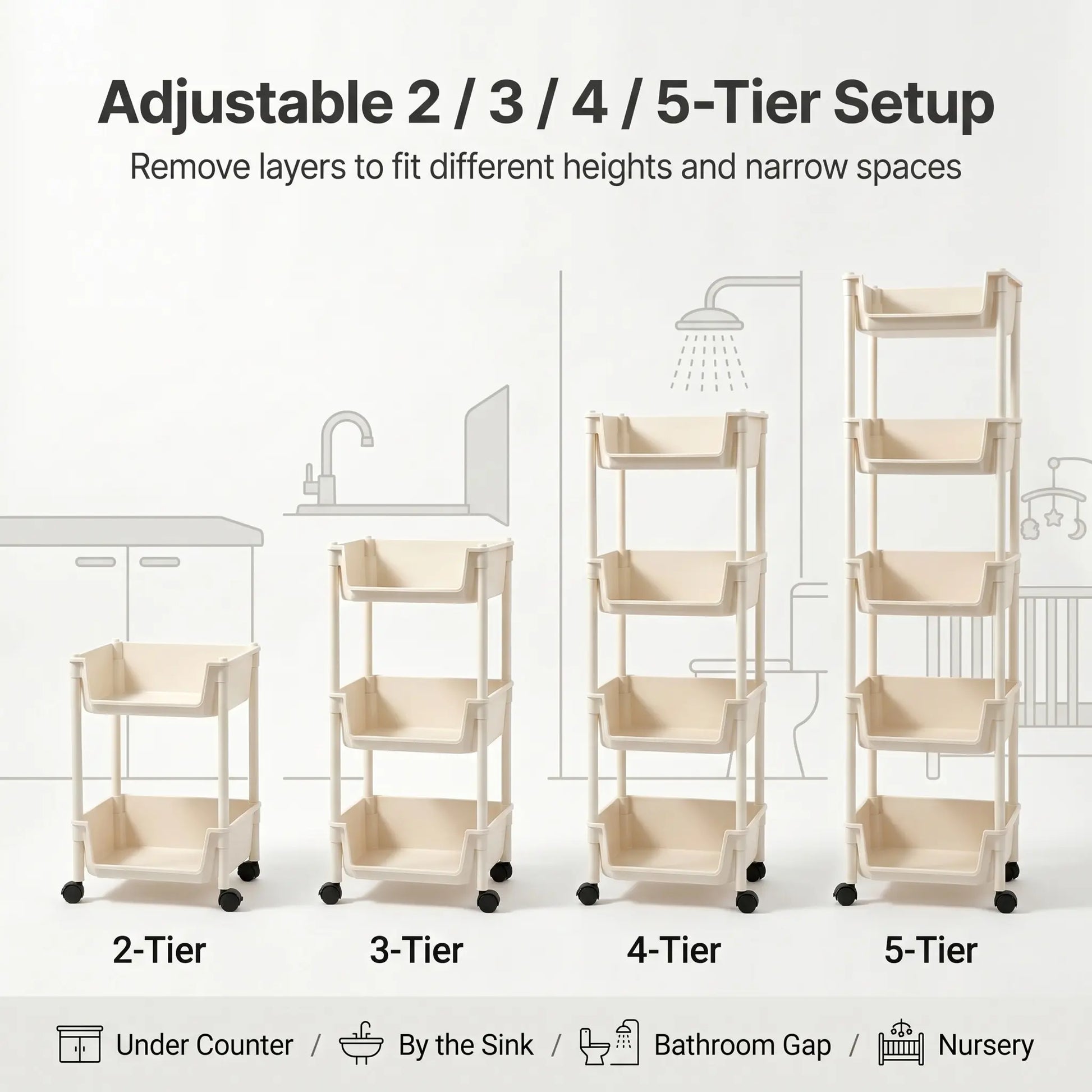 Rolling Storage Cart with Wheels, Multi-Layer Freestanding Shelf, Adjustable Space Saving Plastic Organizer for Bedroom Bathroom Kitchen Living Room, Portable Home Storage Unit, Easy Install, 2026 Semiannual Sale