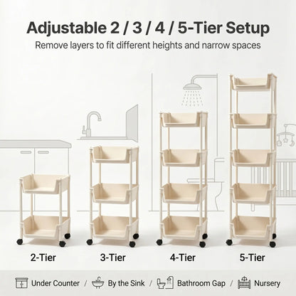 Rolling Storage Cart with Wheels, Multi-Layer Freestanding Shelf, Adjustable Space Saving Plastic Organizer for Bedroom Bathroom Kitchen Living Room, Portable Home Storage Unit, Easy Install, 2026 Semiannual Sale