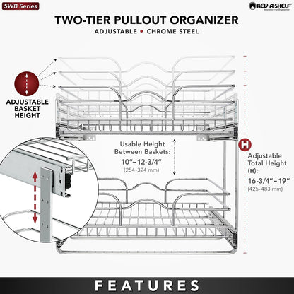 2-Tier Pullout Shelf and Drawer Organizer for Kitchen Cabinets, Slide Out Storage Basket, Min Opening Width of 17.5", 18" X 22", 5WB2-1822CR-1