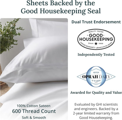 Indulge in Luxury with Our Deep Pocket King Sheets Set - 600 Thread Count Sateen, 100% Cotton for Ultimate Comfort and Elegance in Bright White