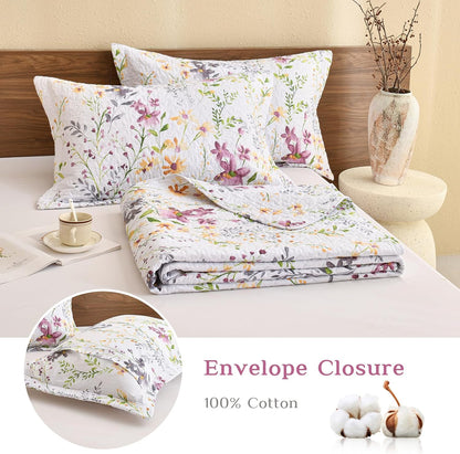 Luxurious Cotton Quilted Pillow Shams Set - Botanical & Wild Floral Pattern King Pillow Cases (Set of 2) for Cozy Bedroom Decor