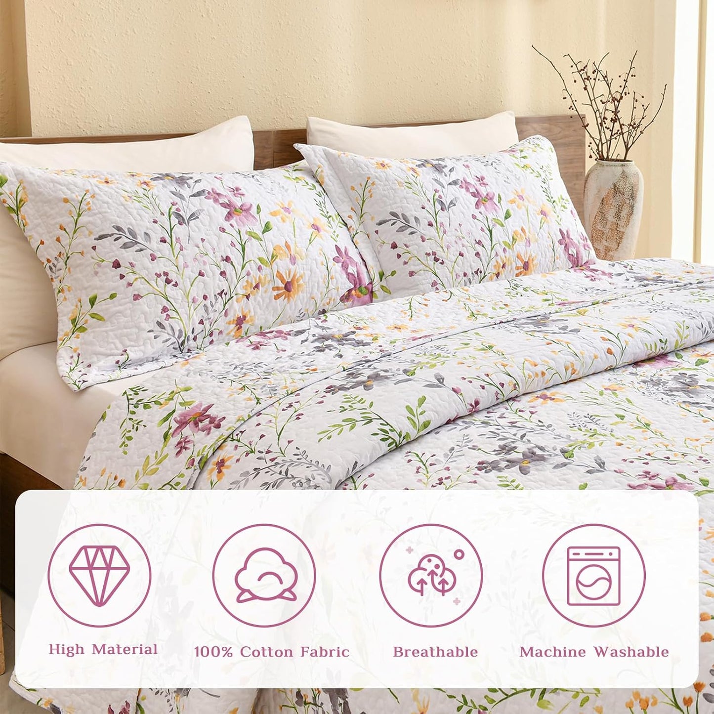 Luxurious Cotton Quilted Pillow Shams Set - Botanical & Wild Floral Pattern King Pillow Cases (Set of 2) for Cozy Bedroom Decor