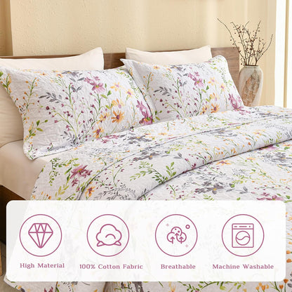 Luxurious Cotton Quilted Pillow Shams Set - Botanical & Wild Floral Pattern King Pillow Cases (Set of 2) for Cozy Bedroom Decor