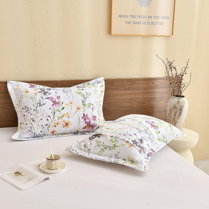 Luxurious Cotton Quilted Pillow Shams Set - Botanical & Wild Floral Pattern King Pillow Cases (Set of 2) for Cozy Bedroom Decor