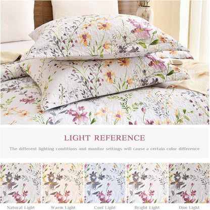 Luxurious Cotton Quilted Pillow Shams Set - Botanical & Wild Floral Pattern King Pillow Cases (Set of 2) for Cozy Bedroom Decor