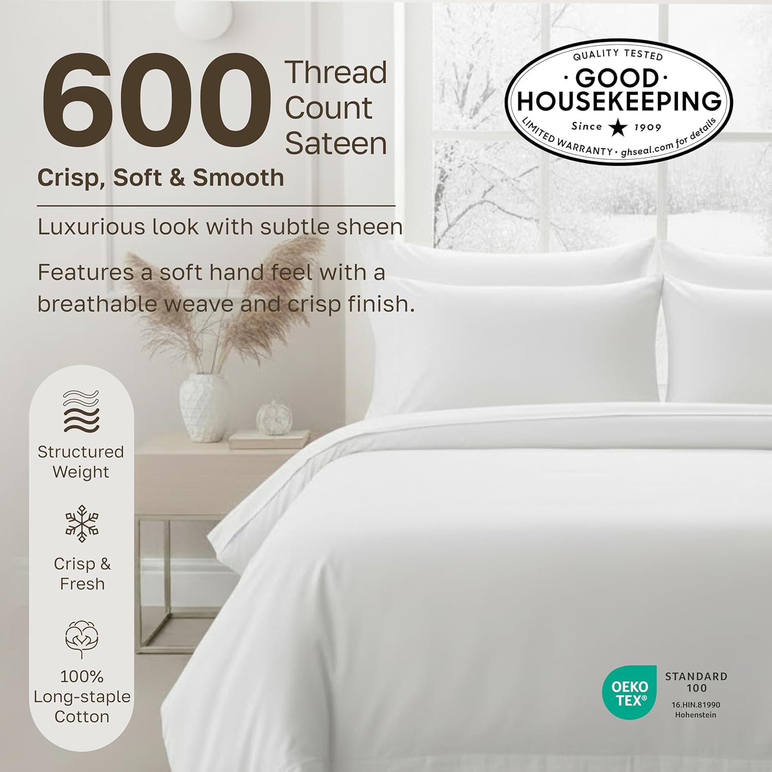 Indulge in Luxury with Our Deep Pocket King Sheets Set - 600 Thread Count Sateen, 100% Cotton for Ultimate Comfort and Elegance in Bright White