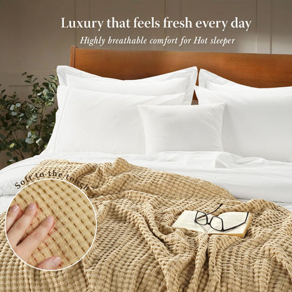 Experience Ultimate Comfort with Our Cooling Waffle Blanket - King Size, Breathable & Lightweight, Perfect for Year-Round Use in Elegant Beige