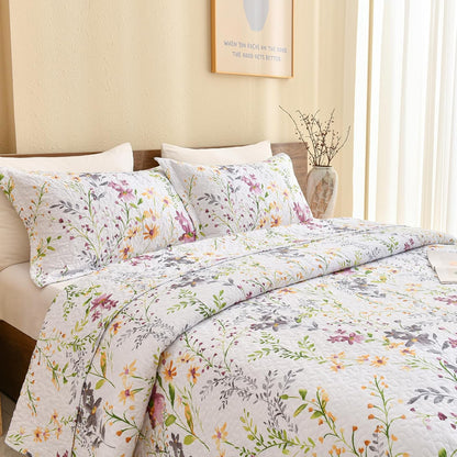 Luxurious Cotton Quilted Pillow Shams Set - Botanical & Wild Floral Pattern King Pillow Cases (Set of 2) for Cozy Bedroom Decor