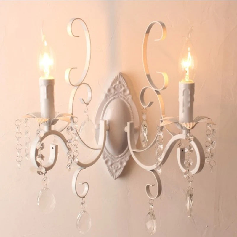 Home Vintage Wrought Iron Crystal Chandelier White Ceiling Lamp E14 Candle Lights Lighting Fixture