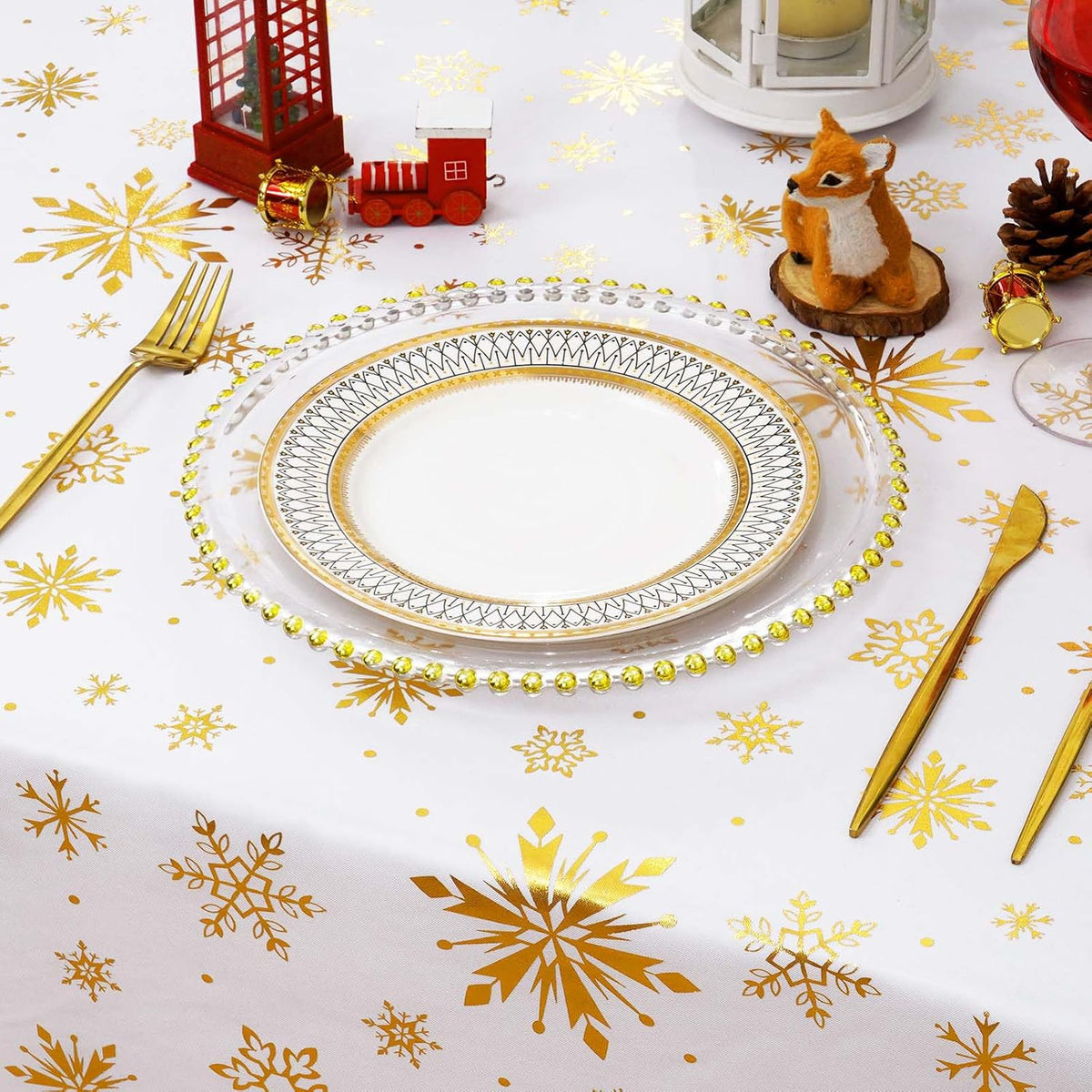 Christmas Tablecloth round 60 Inch, Gold Foil Print Snowflake Table Cloth Washable, Waterproof Wrinkle Resistant White Table Cover for Party Dinner Decorations, Gifts