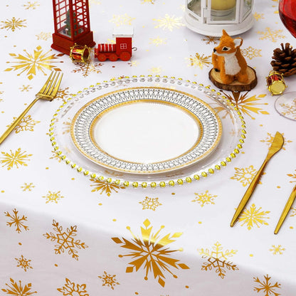 Christmas Tablecloth round 60 Inch, Gold Foil Print Snowflake Table Cloth Washable, Waterproof Wrinkle Resistant White Table Cover for Party Dinner Decorations, Gifts