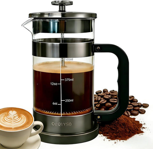 French Press Coffee Maker 21Oz 304 Stainless Steel French Press with 4 Filter, Cold Brew Teapot Heat Resistant Durable, Easy to Clean, Thickened Borosilicate Glass Coffee Press, Dark Pewter