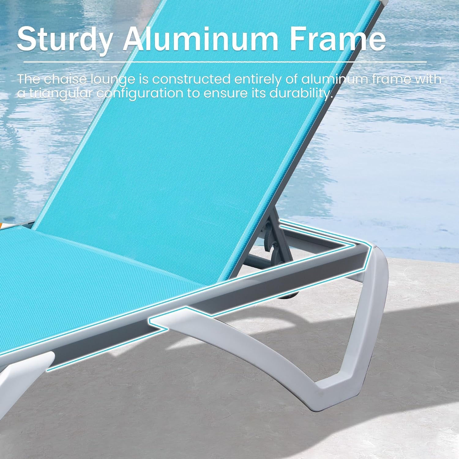 Domi Outdoor Chaise Lounge Chair, Aluminum Patio Lounge Chair with 5 Position Adjustable Backrest and Side Table, Poolside Lounge Chair for Garden, Beach, Yard(1 Turquoise Blue Chair W/Table)