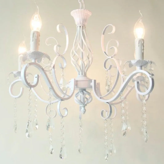 Home Vintage Wrought Iron Crystal Chandelier White Ceiling Lamp E14 Candle Lights Lighting Fixture