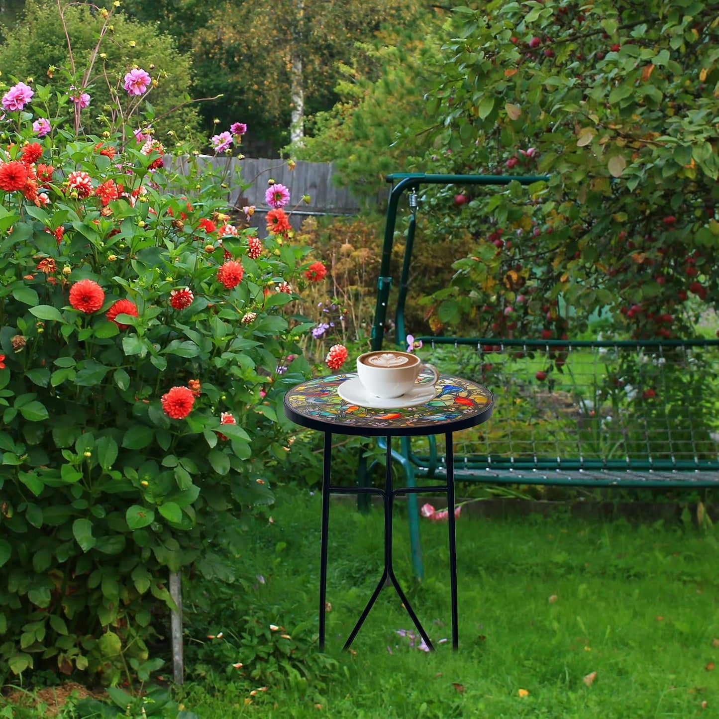 Mosaic Birds Outdoor Side Tea Table, Glass Plant Tables Indoor Decorative Metal Patio Table, Outdoor Tables Unique Furniture - Weather-Resistant Patio Valentine'S Day Decor