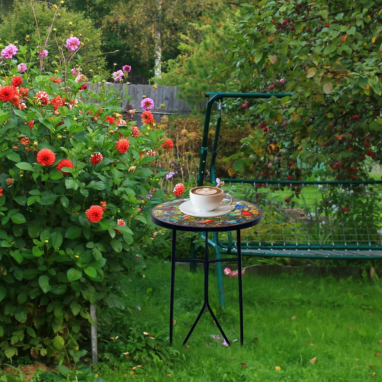 Mosaic Birds Outdoor Side Tea Table, Glass Plant Tables Indoor Decorative Metal Patio Table, Outdoor Tables Unique Furniture - Weather-Resistant Patio Valentine'S Day Decor