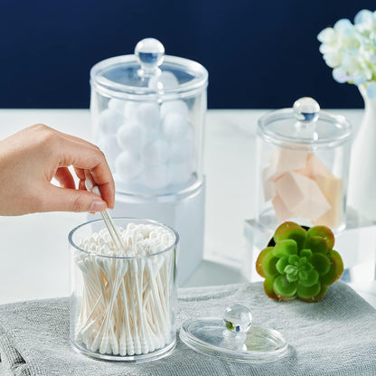 6 Pack Acrylic Qtip Holder with Labels, Qtip Jars for Bathroom | (3) 10Oz & (3) 12Oz Qtip Holder Set Shatterproof Bathroom Vanity Organizer for Cotton Swabs, Balls, Pads - Minimalist Decor