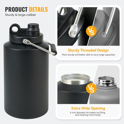 Insulated Gallon Jug with Handle, One Gallon, 128Oz Stainless Steel, Large Double Vacuum Water Bottle for Hot & Cold Drinks, Wide Mouth, Sweat Proof, Great for Travel, Camping, Black