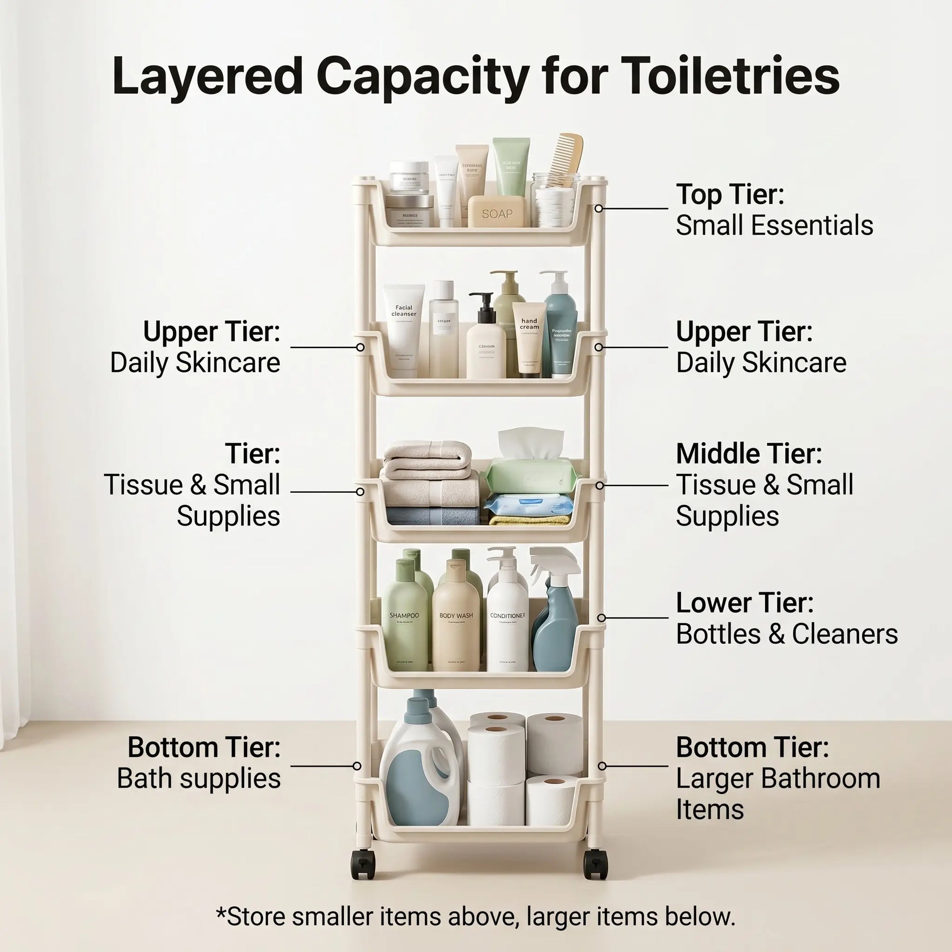 Rolling Storage Cart with Wheels, Multi-Layer Freestanding Shelf, Adjustable Space Saving Plastic Organizer for Bedroom Bathroom Kitchen Living Room, Portable Home Storage Unit, Easy Install, 2026 Semiannual Sale