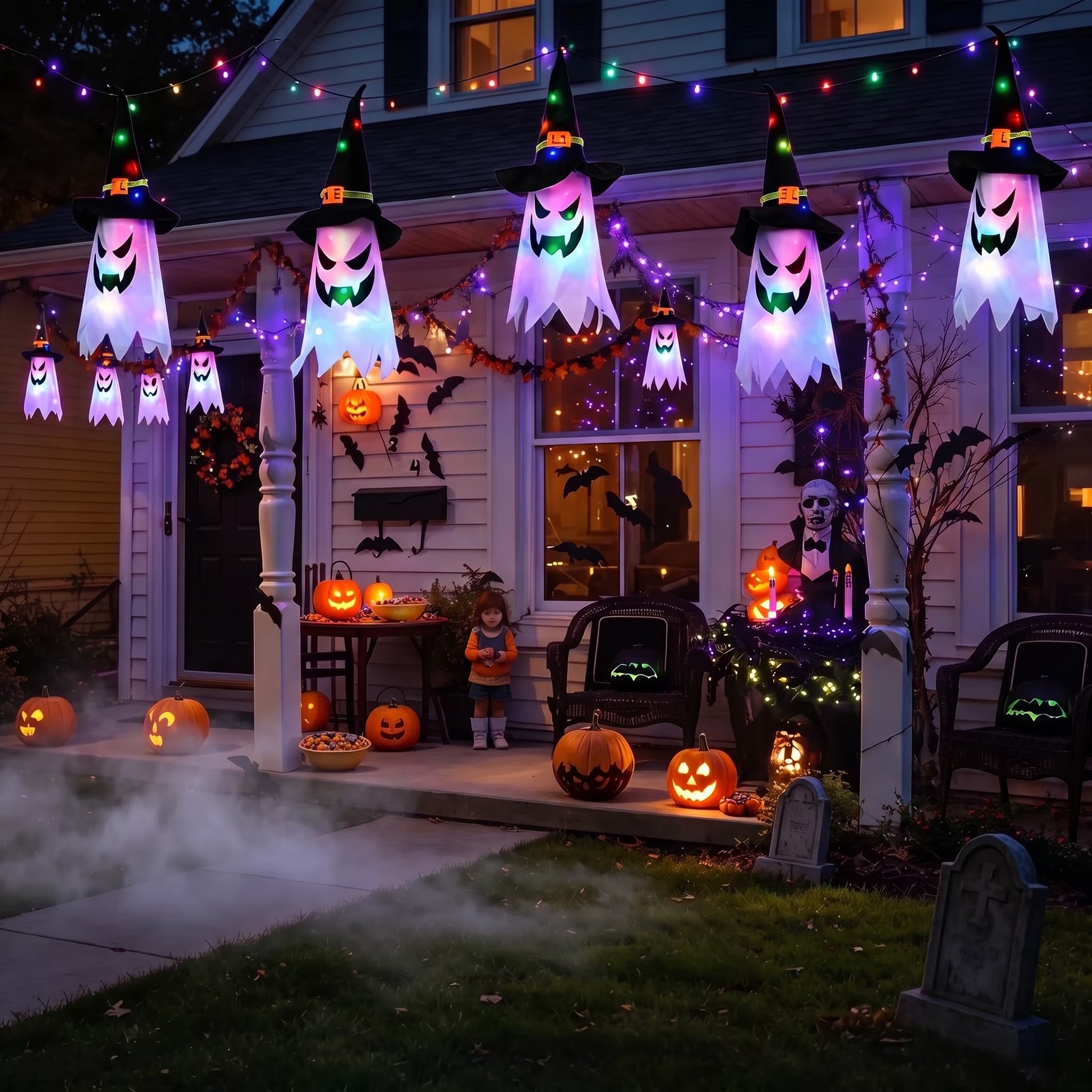 Halloween Decorations Indoor Outdoor, 5 Pcs Halloween Lights Glowing Ghost Witch Hat Ornaments Gifts for Home Garden Yard