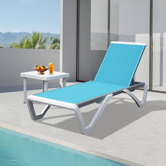 Domi Outdoor Chaise Lounge Chair, Aluminum Patio Lounge Chair with 5 Position Adjustable Backrest and Side Table, Poolside Lounge Chair for Garden, Beach, Yard(1 Turquoise Blue Chair W/Table)
