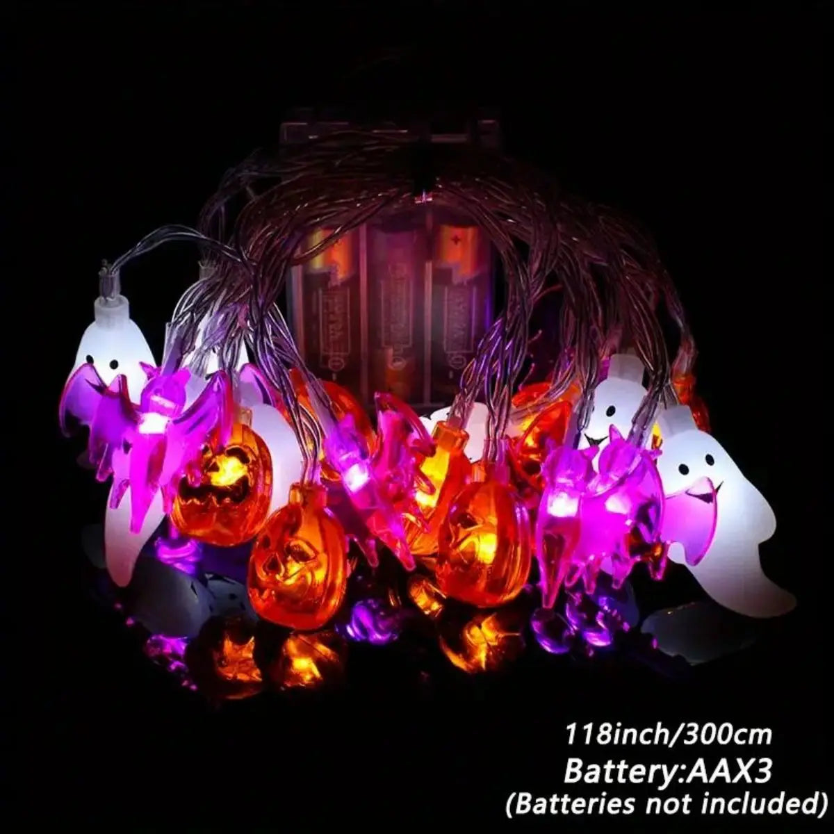 3m Halloween String Lights – Battery-Powered LED Ghost, Pumpkin & Purple Bat Party Lights