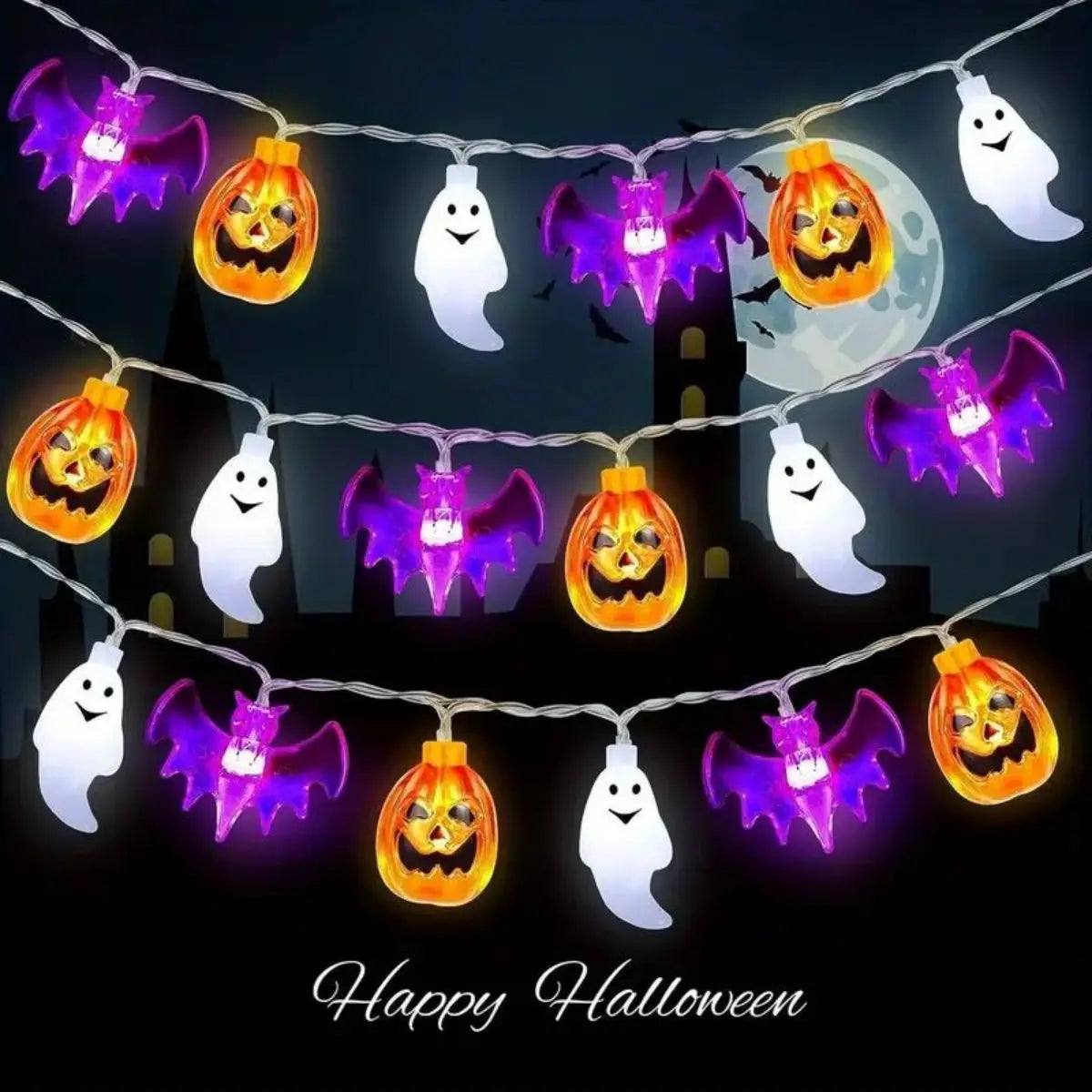 3m Halloween String Lights – Battery-Powered LED Ghost, Pumpkin & Purple Bat Party Lights