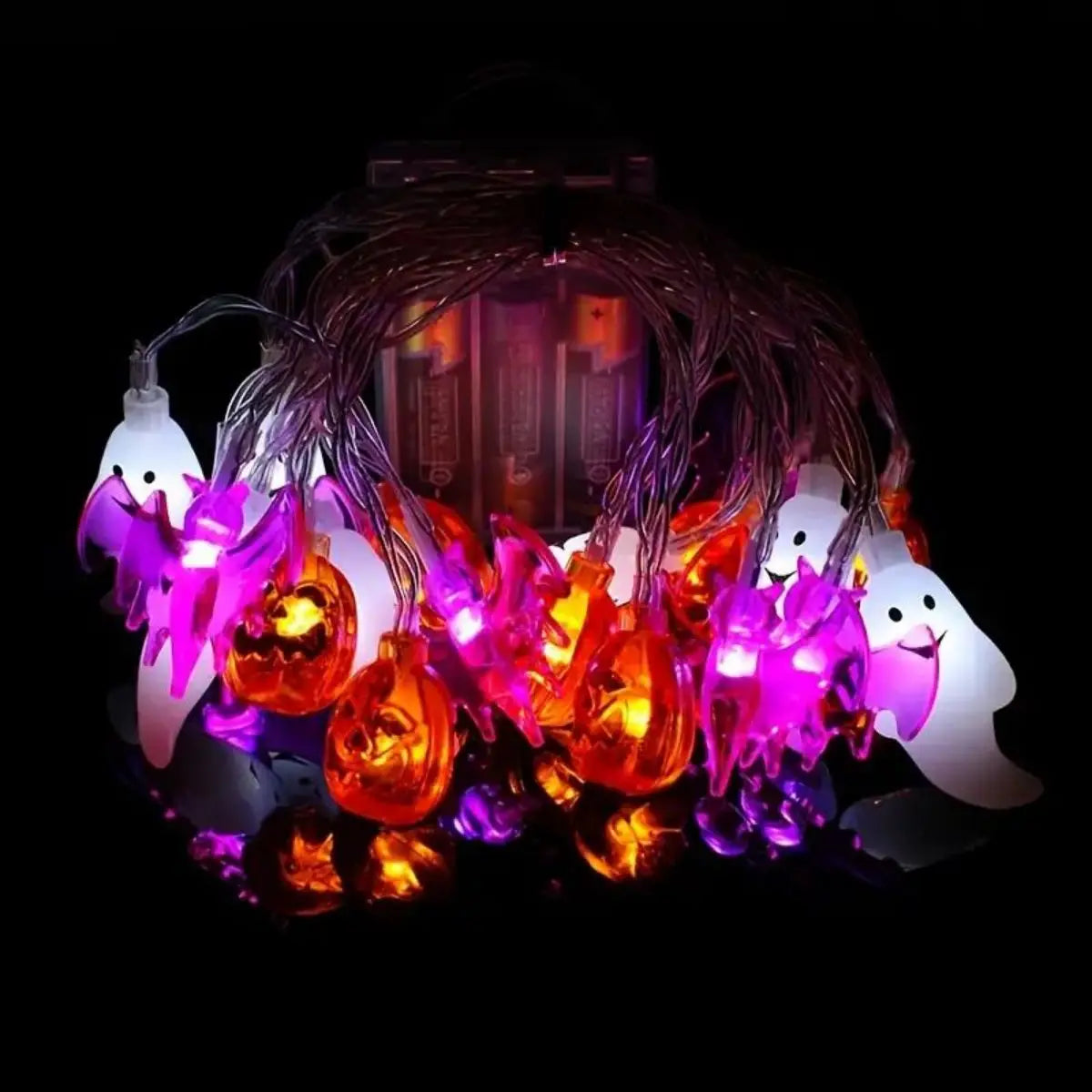3m Halloween String Lights – Battery-Powered LED Ghost, Pumpkin & Purple Bat Party Lights