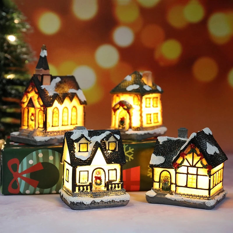 Miniature LED Christmas Village House – Glowing Resin Snow Cottage Tabletop Ornament