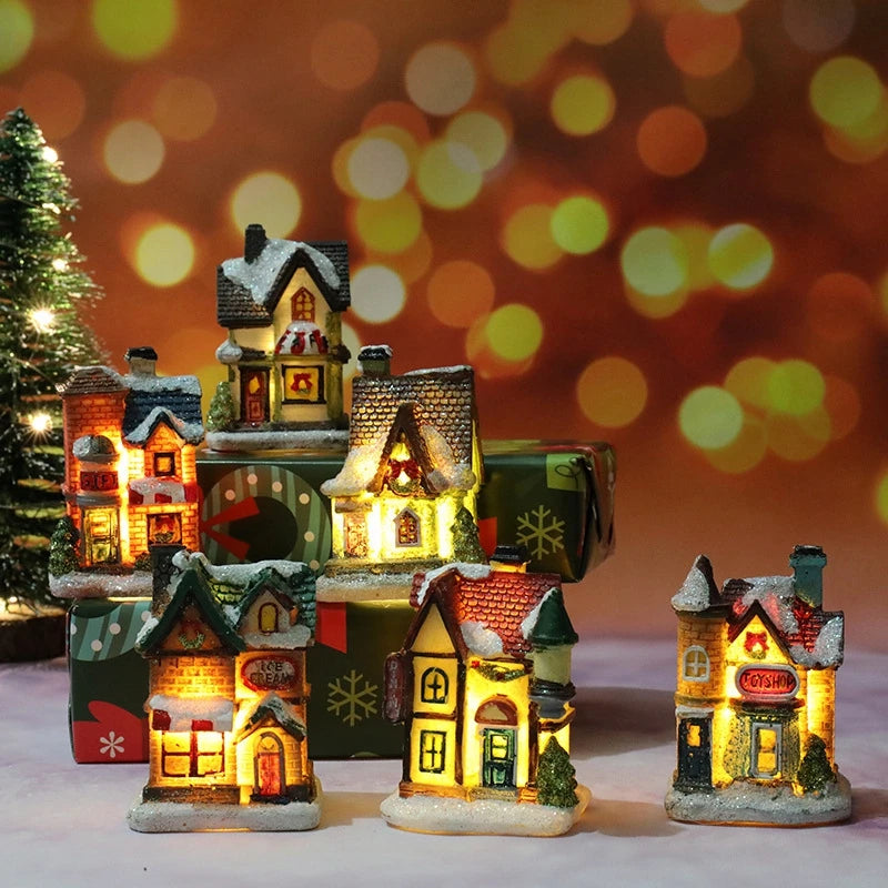 Miniature LED Christmas Village House – Glowing Resin Snow Cottage Tabletop Ornament