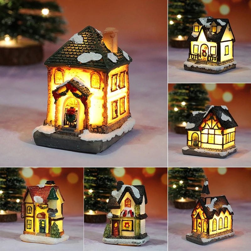 Miniature LED Christmas Village House – Glowing Resin Snow Cottage Tabletop Ornament